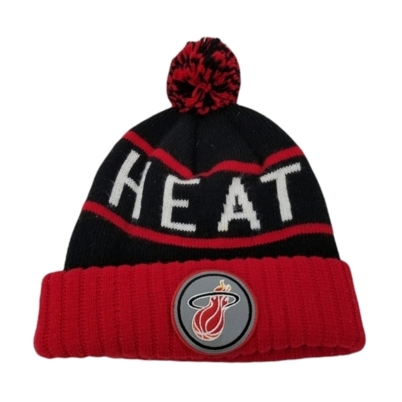 Miami Heat Mitchell & Ness Stitched Patch Pom Winter Knit Hat Beanie Spell Out - Picture 1 of 9